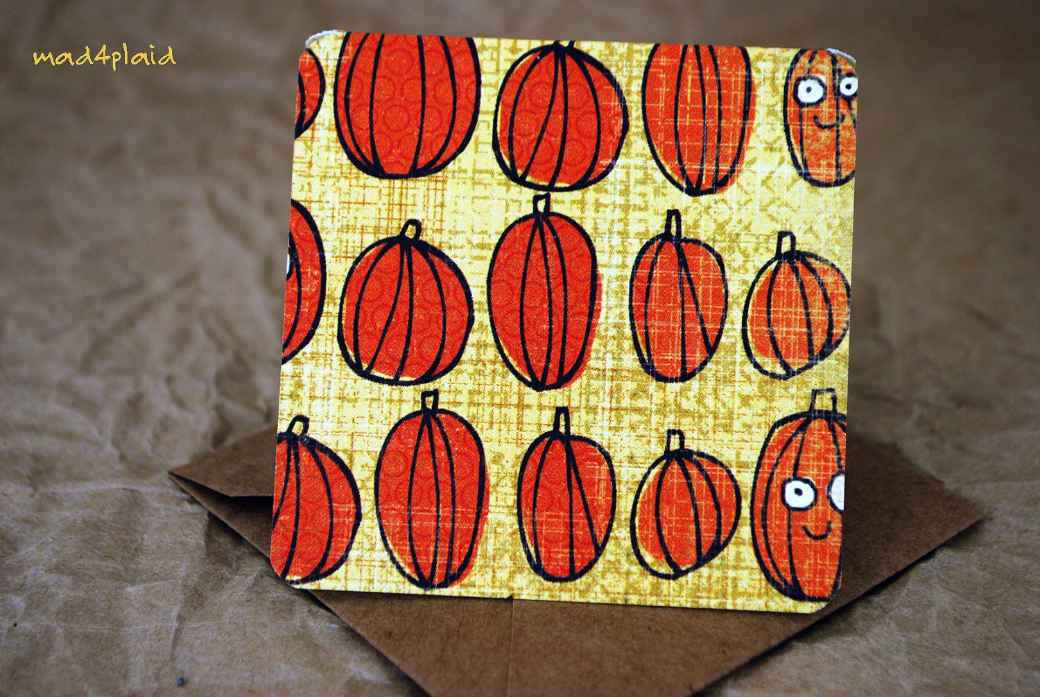 Blank Mini Halloween Card Set of 10, Happy Pumpkin Design with Contrasting Pattern on the Inside, Natural Kraft Envelopes, mad4plaid