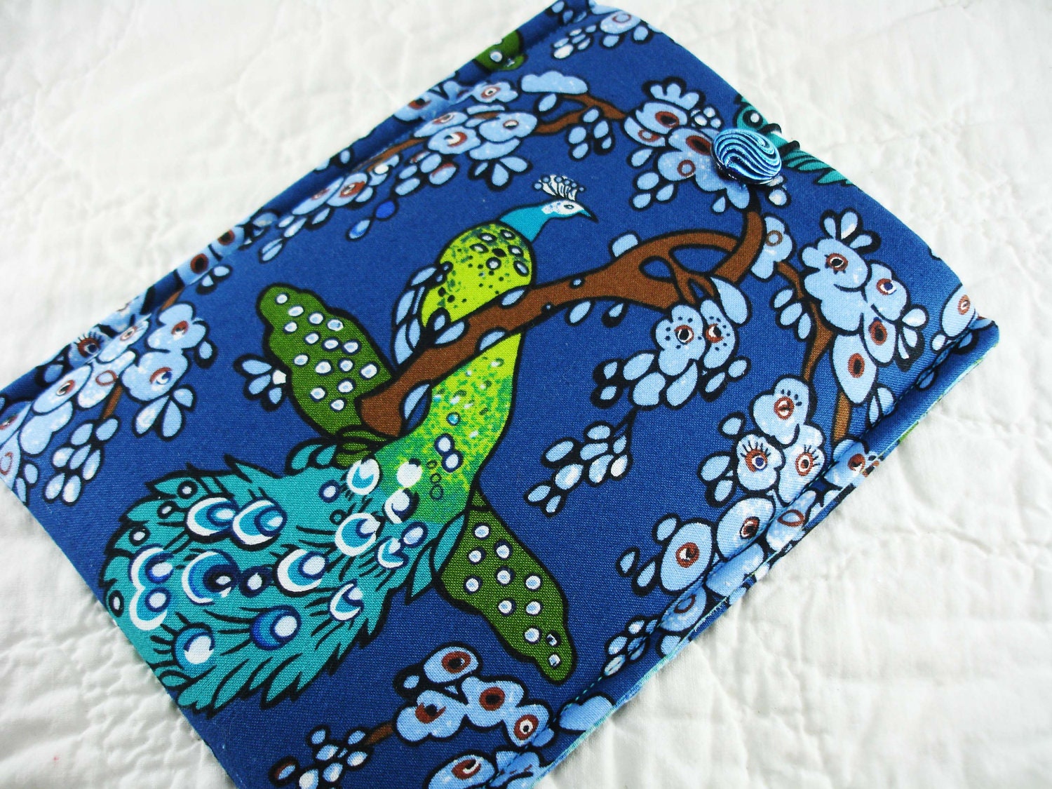 Ready To Ship Sleeve For Your Kindle Fire or Kindle 3 Benedictus Peacock Fabric with Czech Glass Button