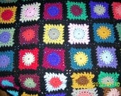 hand crochet  granny square afghan lap size 54 X 54 multi color and black