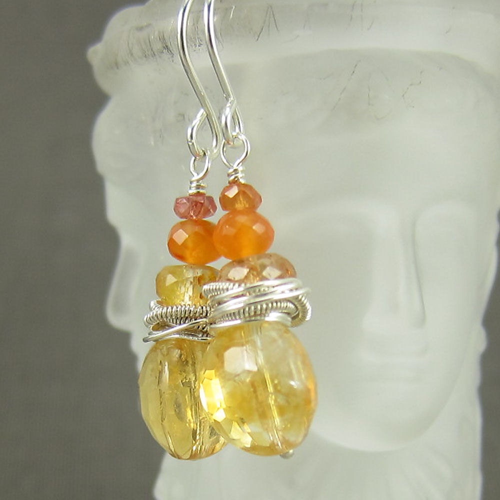 Citrine, Carnelian, Topaz and Sterling Silver Gemstone Earrings - (AZIZI 573)