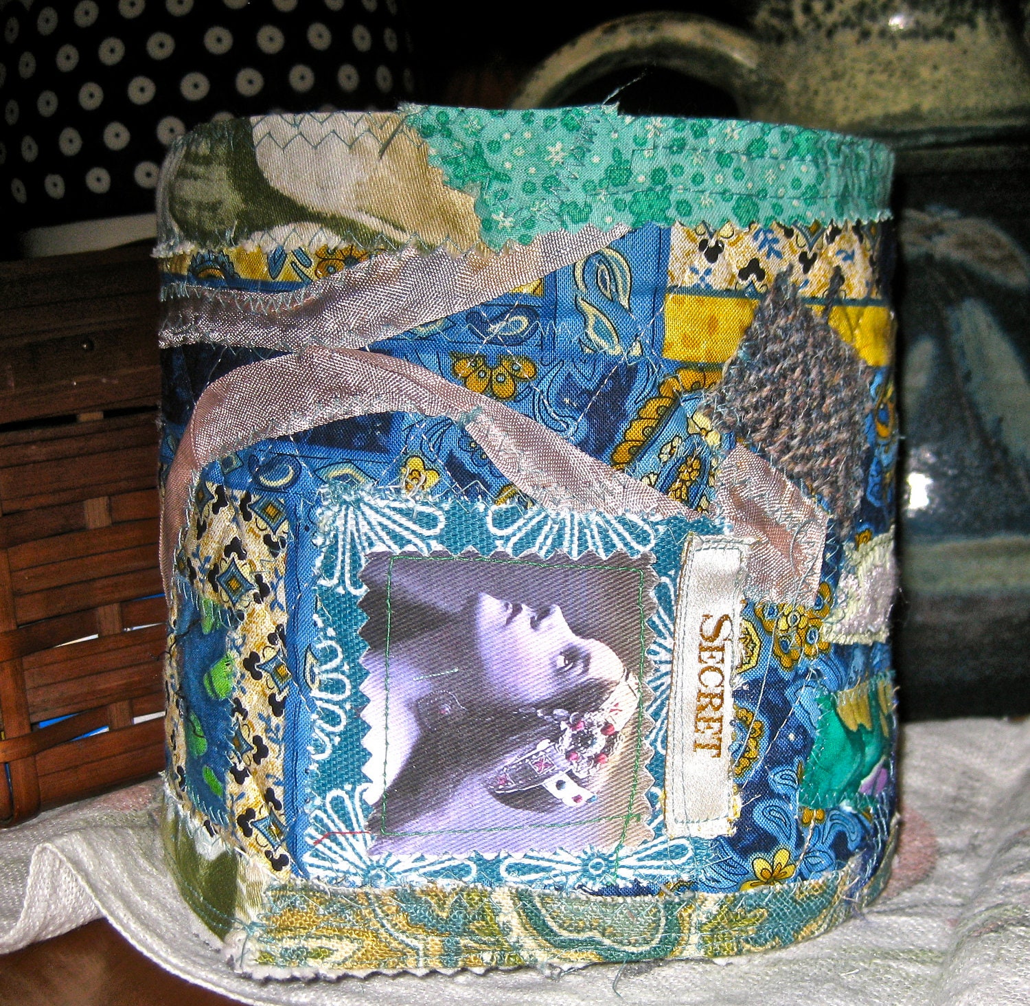 Quilted fabric box quilted photo transfer storage