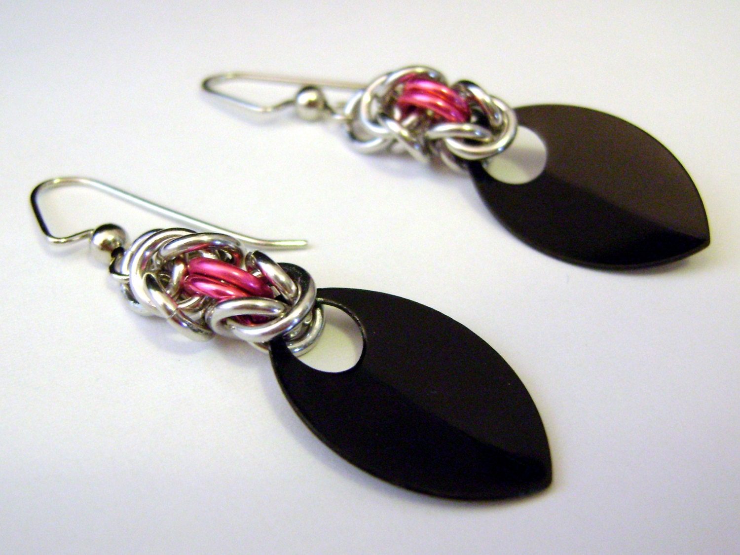 Pink & Black Byzantine Chainmail Earrings with Scale Dangle