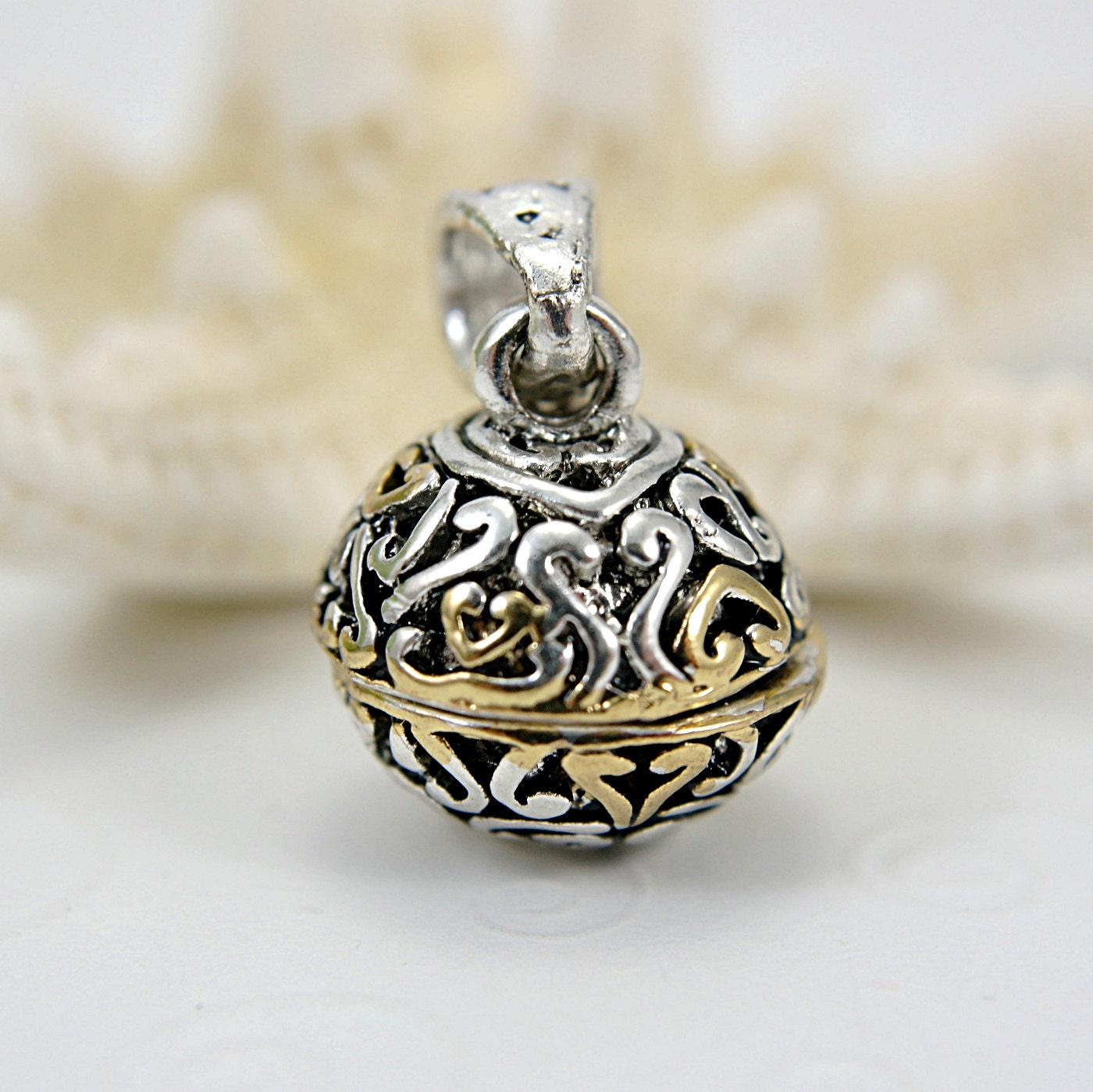 Prayer box sphere pendant ornament filigree silver gold tone - SueRunyonDesigns