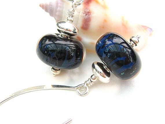 Dark Blue Boro Lampwork Earrings, Sterling Silver Beaded Earrings,Artisan Lampwork - CELESTIAL DANCE