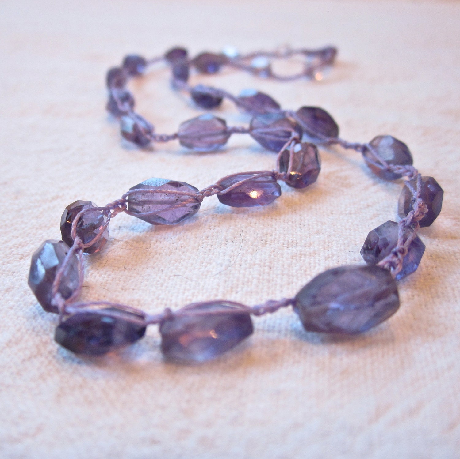 Amethyst Gemstone classic crocheted necklace 15" long with bead and loop closure