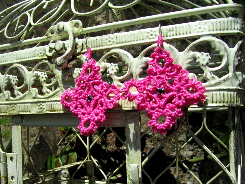 Lacy dangle earrings, hot pink-fuchsia lace and  swarovski crystal - ready to ship