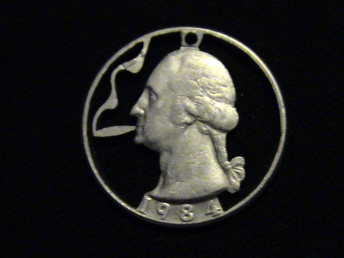 1984 - George Washington Puffin' a Doobie - cut coin pendant