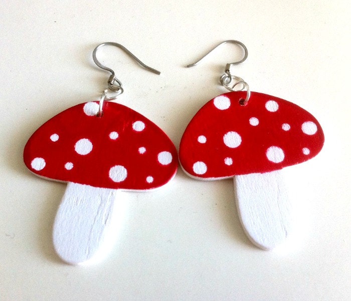 Wooden Amanita Toadstool Mushroom Earrings