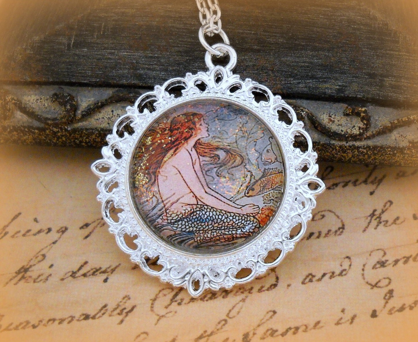 Art Glass Red Sea Mermaid Necklace - gift for her under 20 dollars