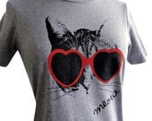 Women's Cat T-Shirt - Heart Sunglasses Kitty Meow T Shirt - (Available in sizes S, M, L, XL, 2XL)