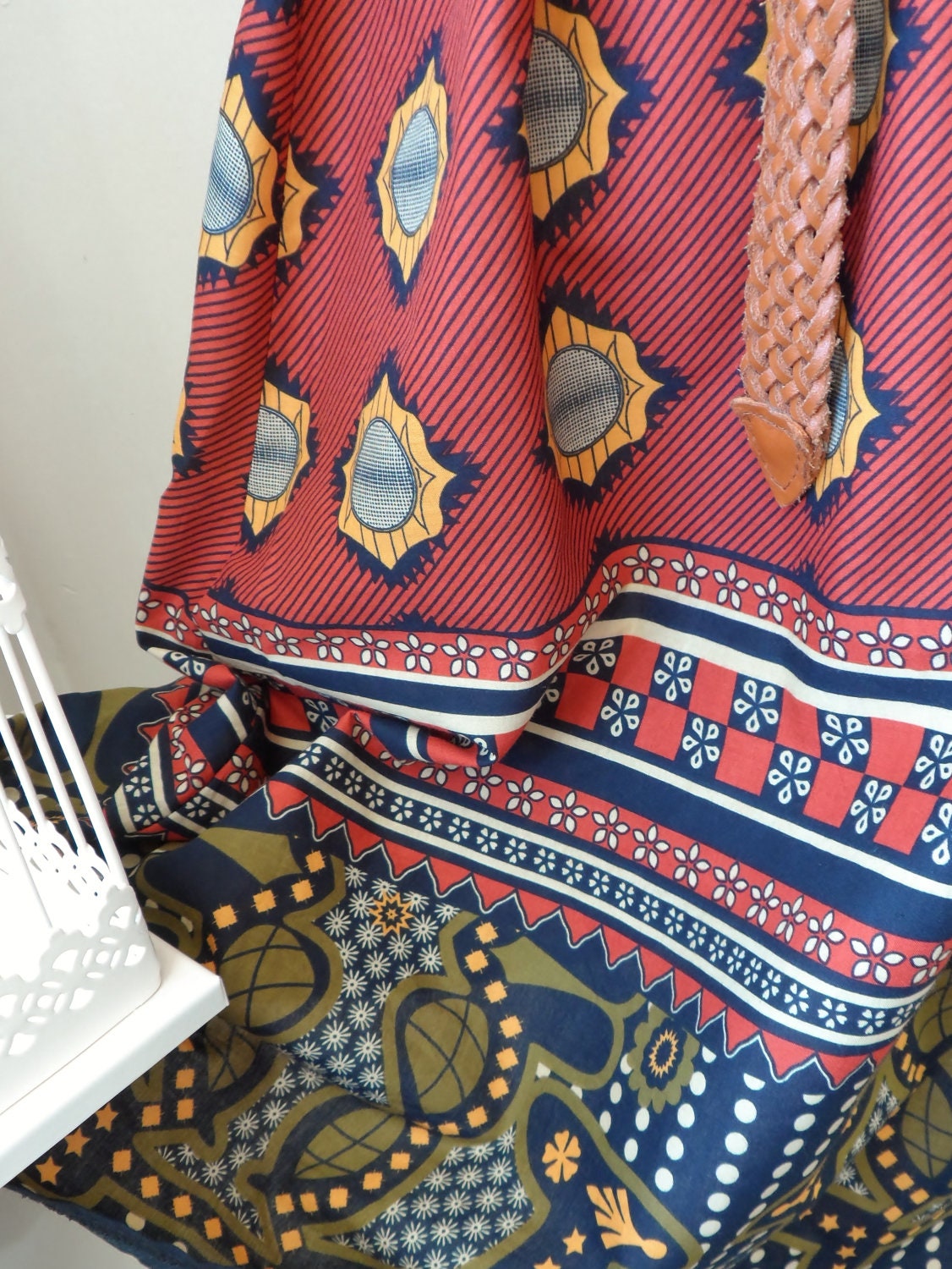 Bohemian Patterned Tea Dress in Burgandy Mustard Navy and Cream XS S