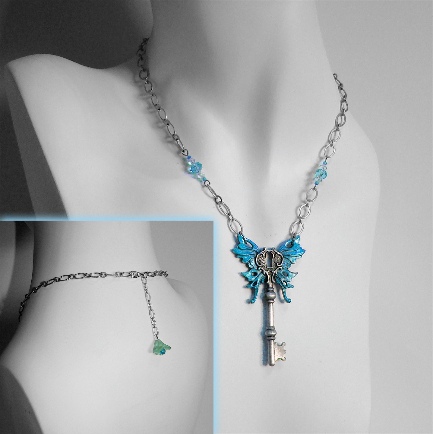 Blue winged skeleton key necklace, flower drop