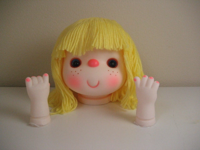 Vintage Large Girl Plastic Doll Head with Yarn Hair and Matching Hands