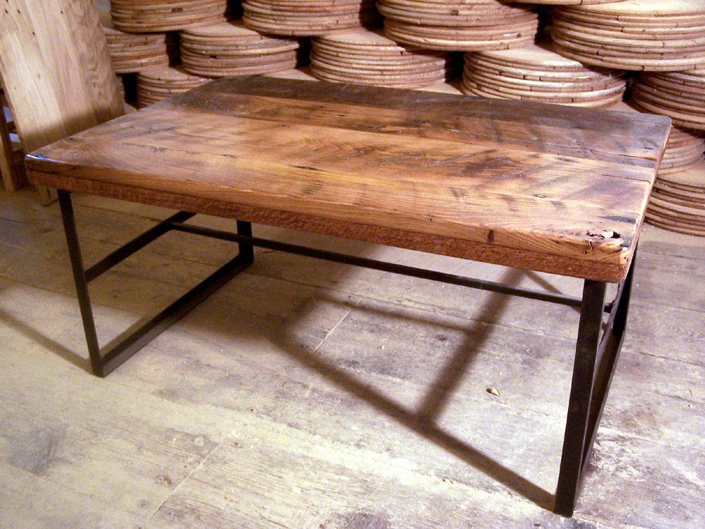 Reclaimed wormy chestnut coffee table with industrial metal base