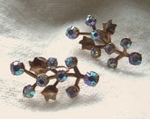 1950s Vintage Earrings Blue AB Rhinestone Branch Style Screw Back