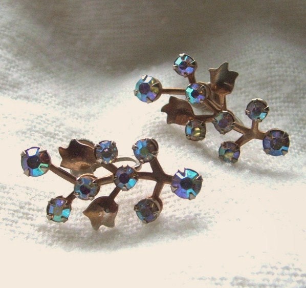 1950s Vintage Earrings Blue AB Rhinestone Branch Style Screw Back