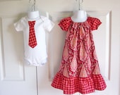 Brother Sister Matching Outfits - Girls Peasant Dress Boys Tie Onesie or Tie Tshirt - Cypress Paisley and Sunspots WINE - LOVE collection