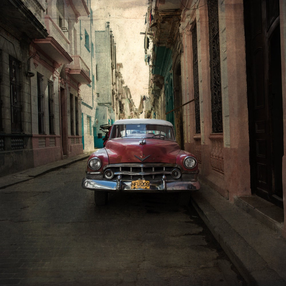 Pure Cuban Classic American Car Photography, Luxury Cuba, Red Vintage Havana Car. Exotic Alley. - Cartonic