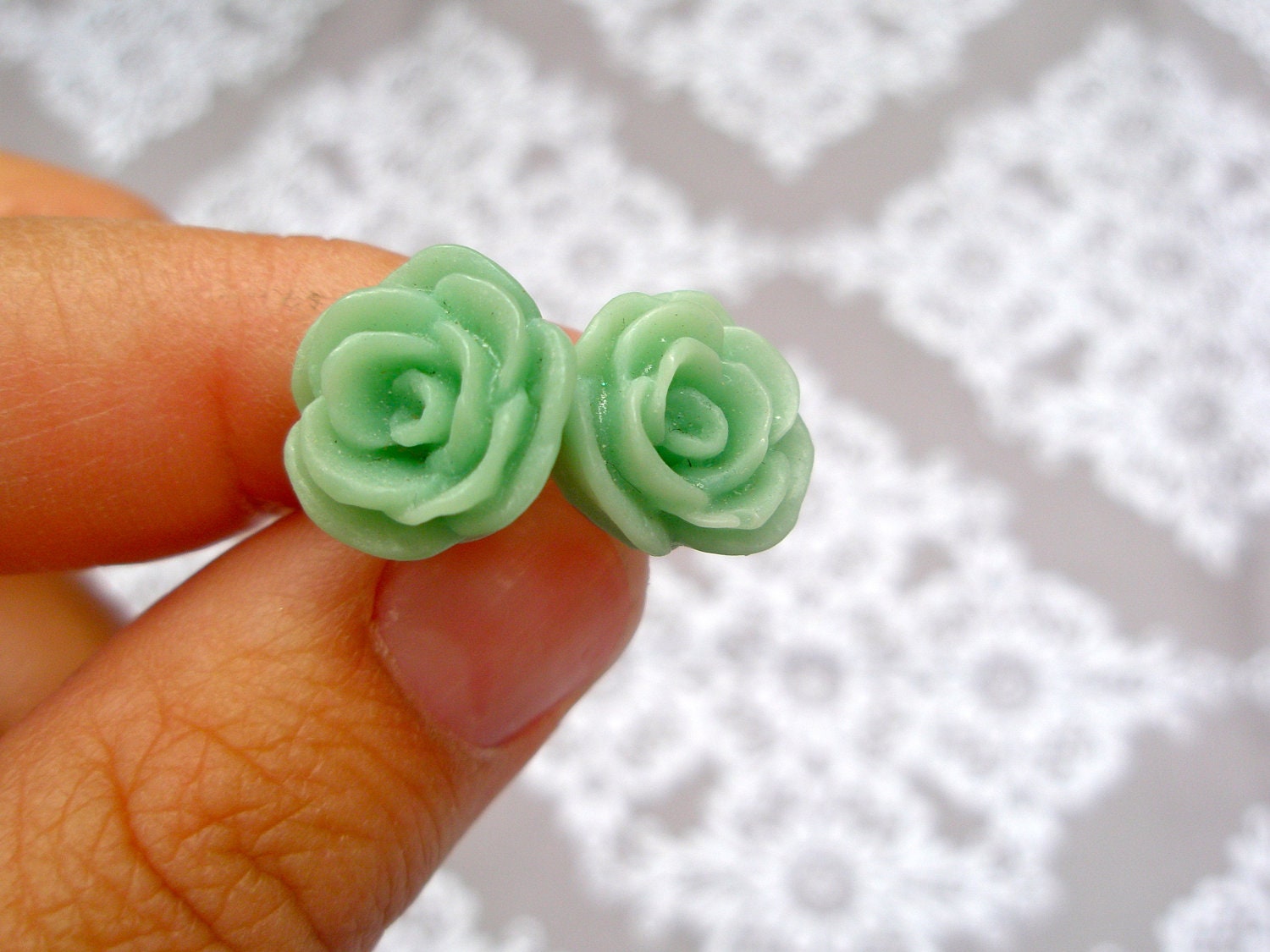 post earrings - - mint green resin flowers - - hypoallergenic posts