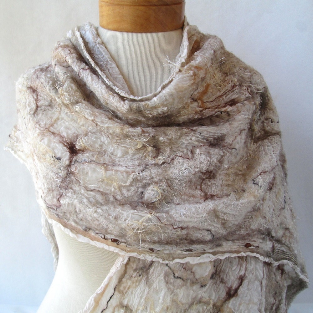 Nuno felt shawl in neutrals. Womens accessory by BlindSquirrel on Etsy