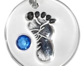 Baby Boy Footprint Sterling Silver Charm with Blue Cubic Zirconia -- Complimentary Ribbon or Cord