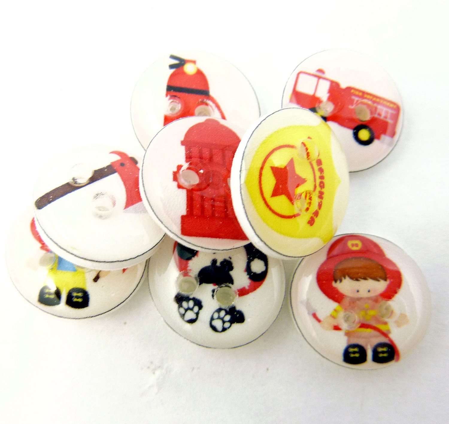8 SMALL Fireman Buttons.  Firefighter handmade buttons.  1/2" or 15 mm. Children's Sewing Buttons.
