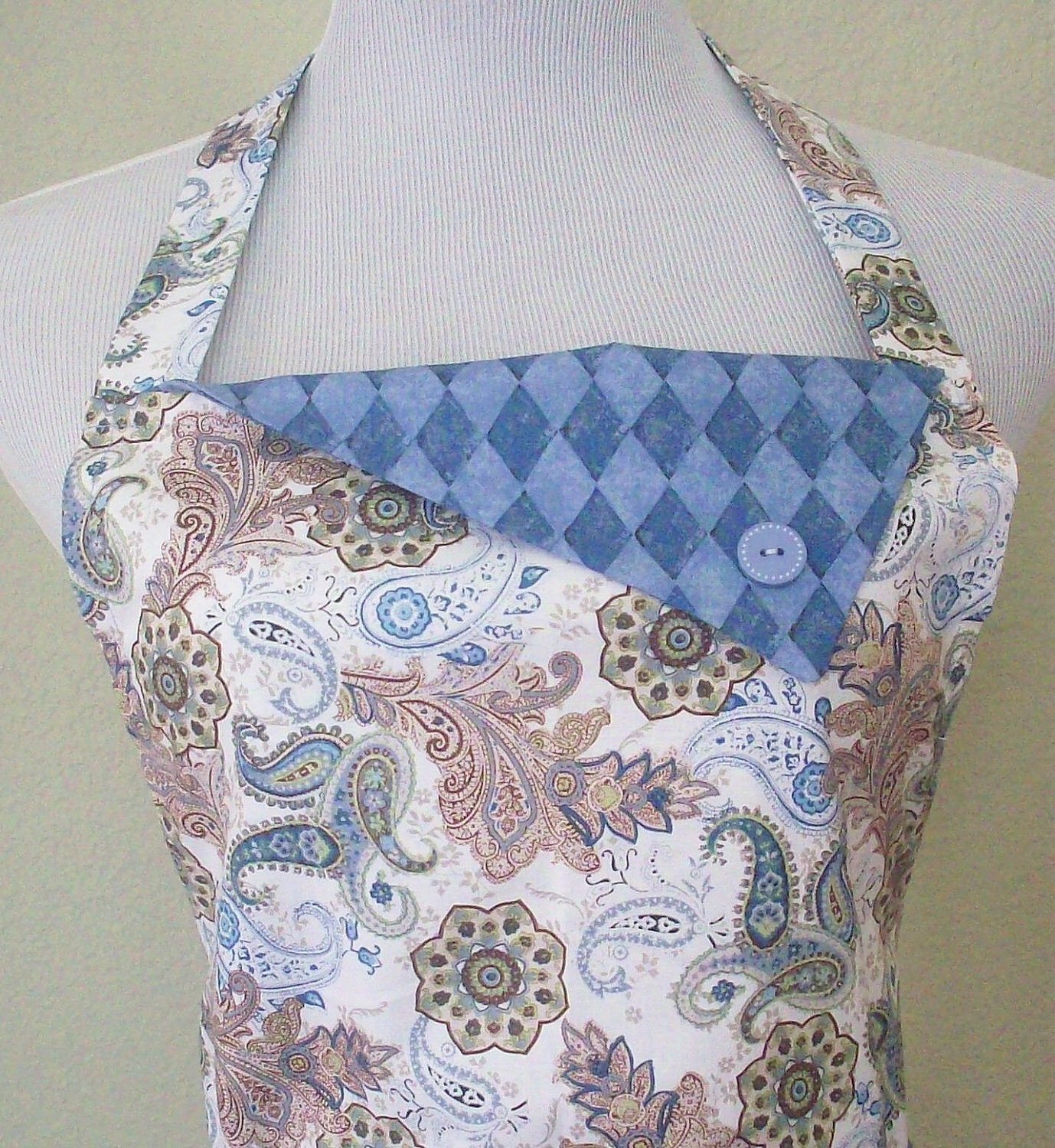 Retro Paisley Vintage Style Full Apron / Blue Diamond Checks