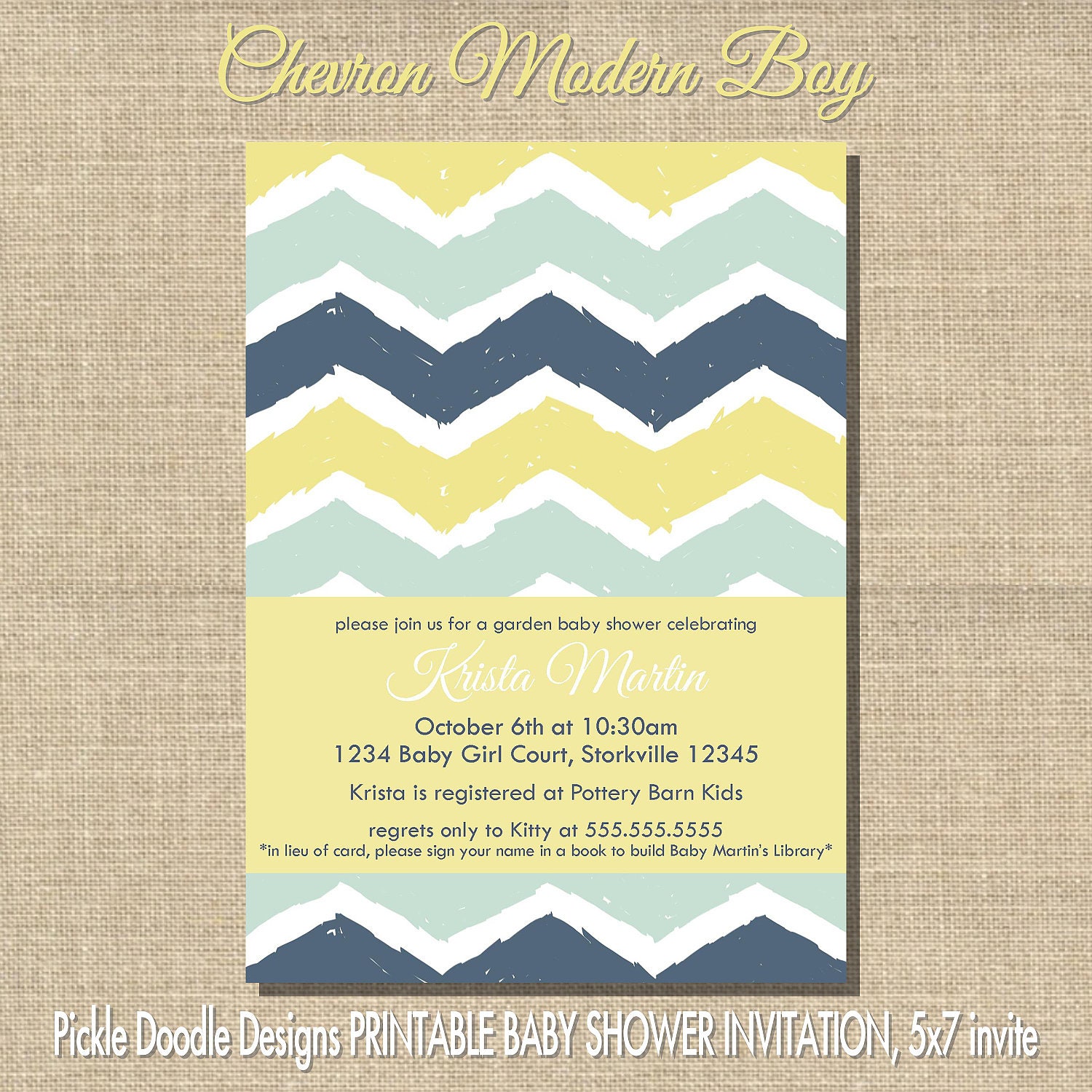 Modern Chevron Baby Boy Shower Invitation, Aqua & Navy 5x7 printable