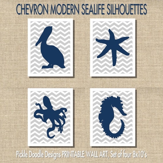 Sealife Silhouettes Navy & Gray, 8x10 set of four printables