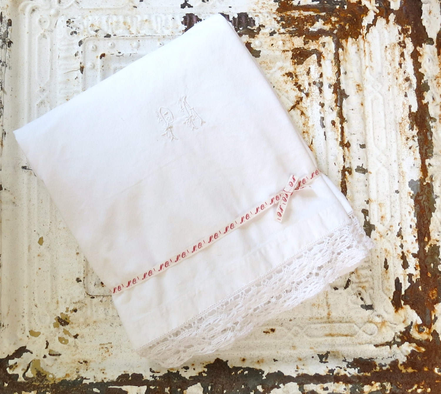 French And Lovely.......Monogrammed Lace Trimmed Sheet