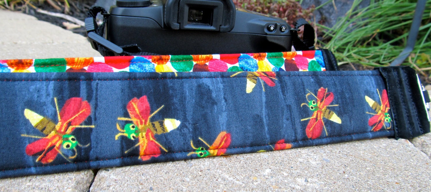 Funky Camera Straps Reversible--"Fire Fly"  dslr strap for Canon, Nikon, Olympus, Sony with real leather ends