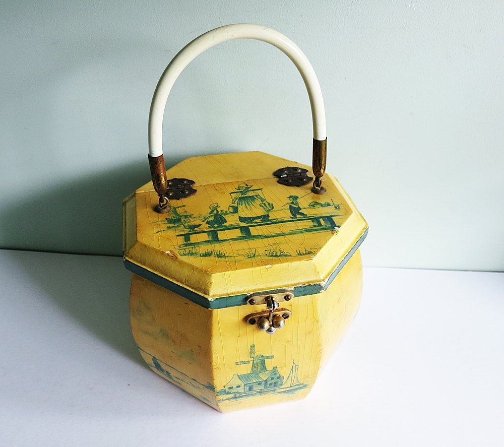 1970s Yellow Octagonal Box Purse with a Signed Hand Painted Dutch Motif in Teal