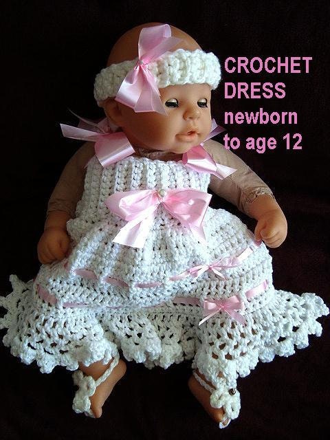CROCHET Girl's DRESS, PATTERN num 464, newborn to age 12, o.k. to sell your finished items, jumper, dress, headband, barefoot sandals