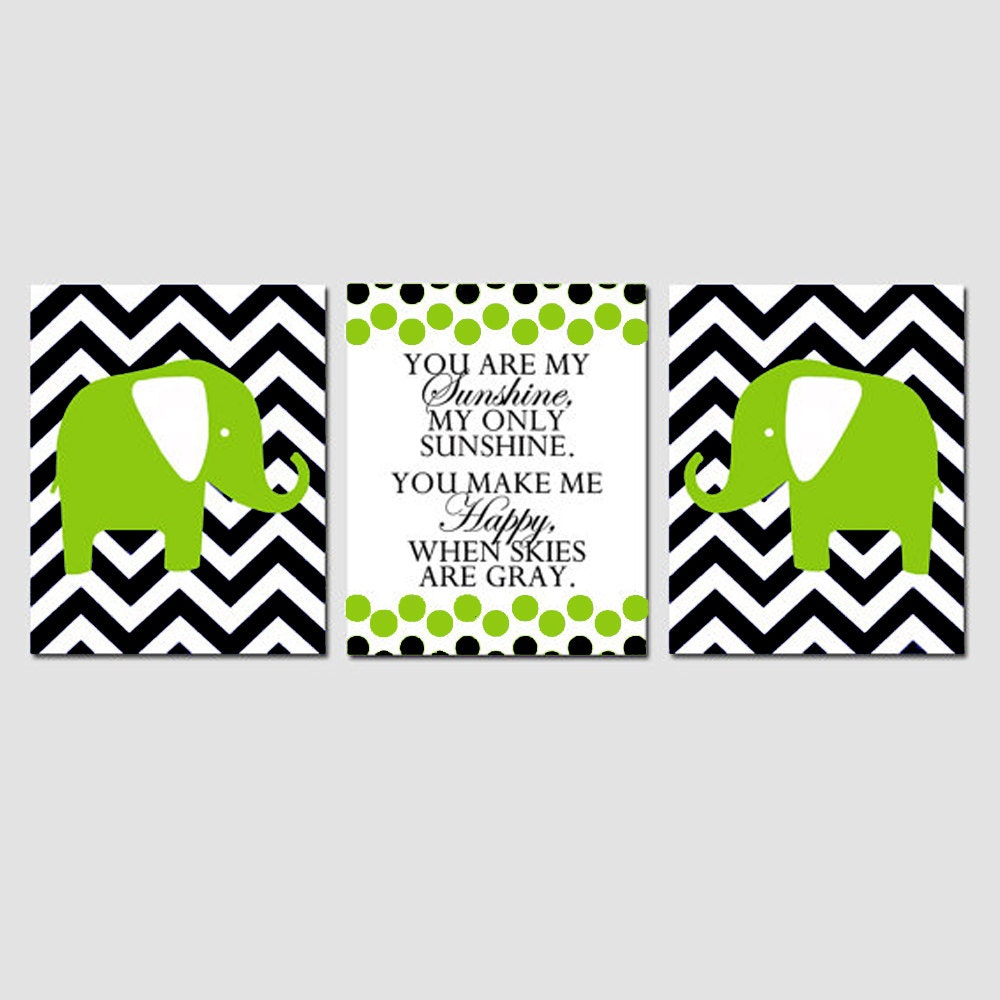Modern Nursery Trio - Set of Three 8x10 Prints - You Are My Sunshine, Chevron Elephant - Kids Wall Art - Choose Your Colors