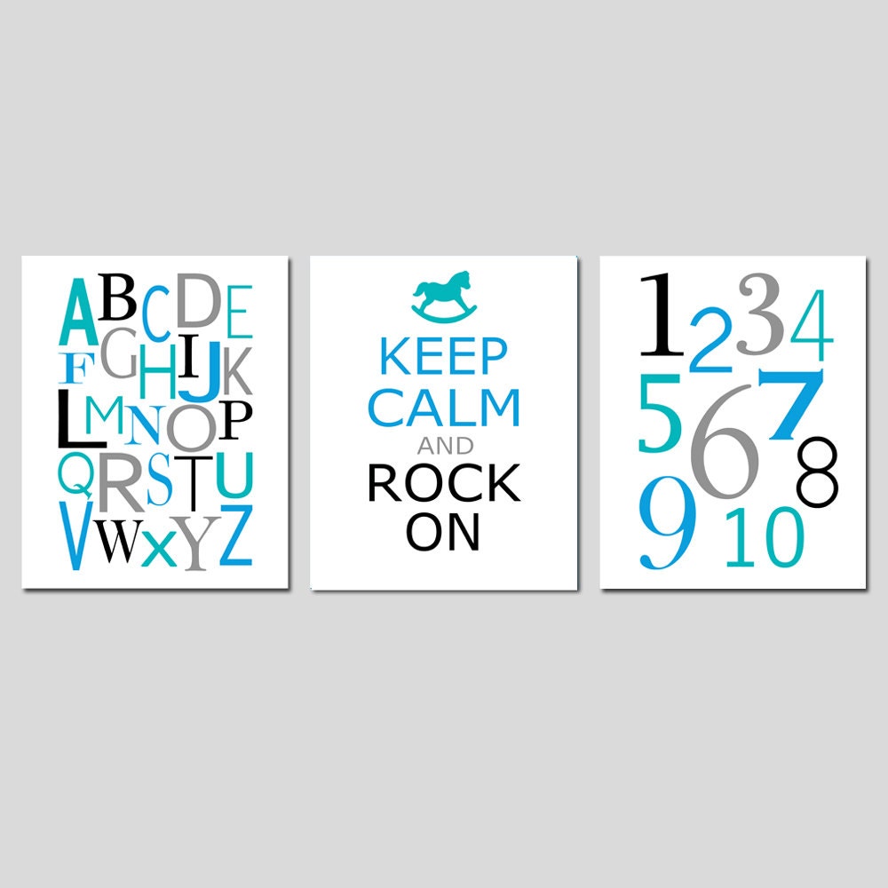 Modern Nursery Trio - Set of Three 8x10 Prints - Alphabet, Numbers, Keep Calm and Rock On - Kids Wall Art - Choose Your Colors