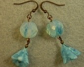 Vintage Japanese Lampwork Blue Glass Flower Bead Earrings, German Blue Opalite Glass Bead,Copper