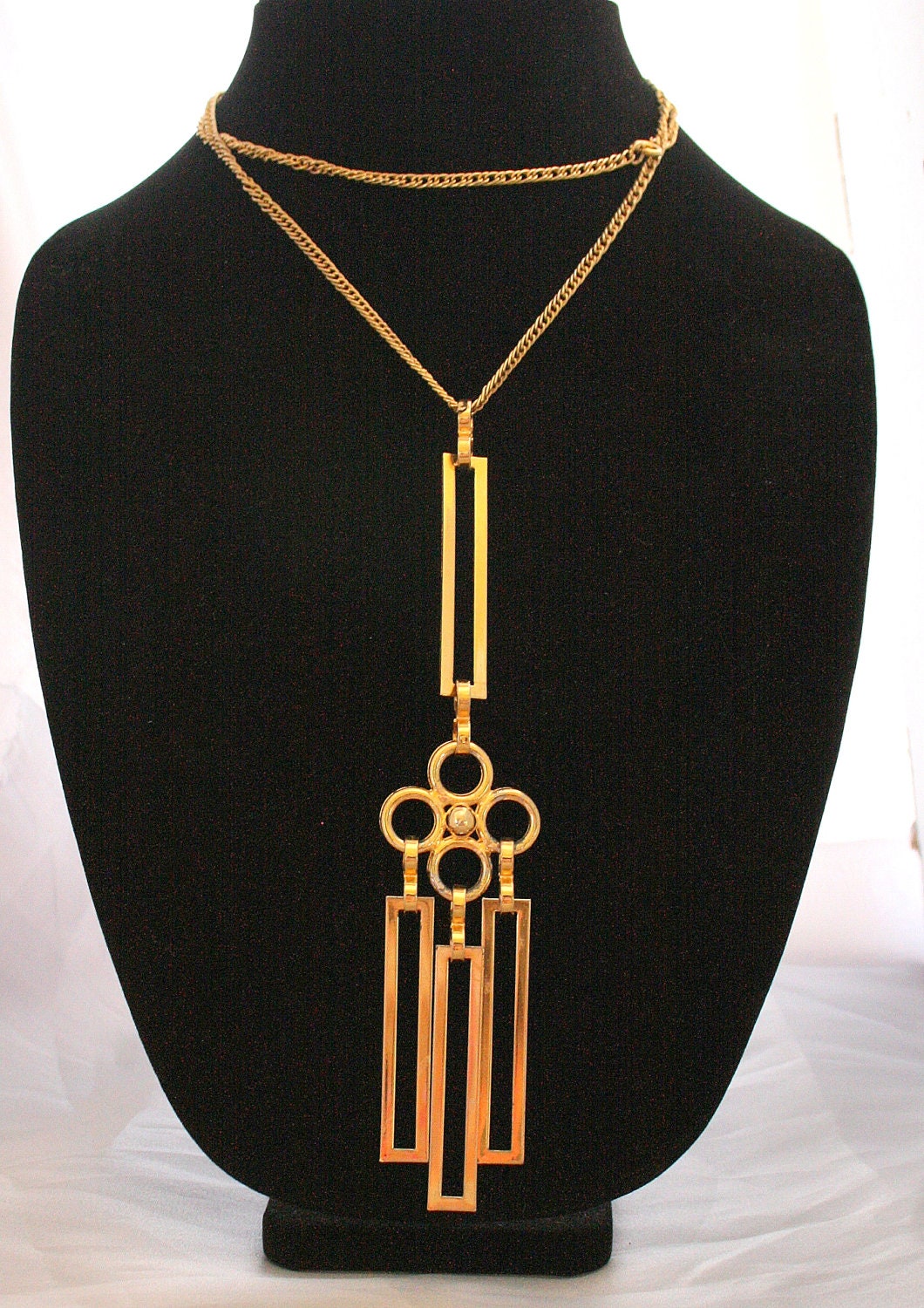 Vintage Long Modernist Pendant Necklace Rectangles Dangles Big Chunky Retro CIJ Sale