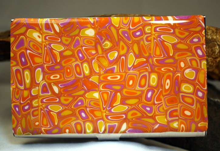 Business card case polymer clay top, orange, yellow and magenta Klimt inspired, credit card holder - rivervalleydesign