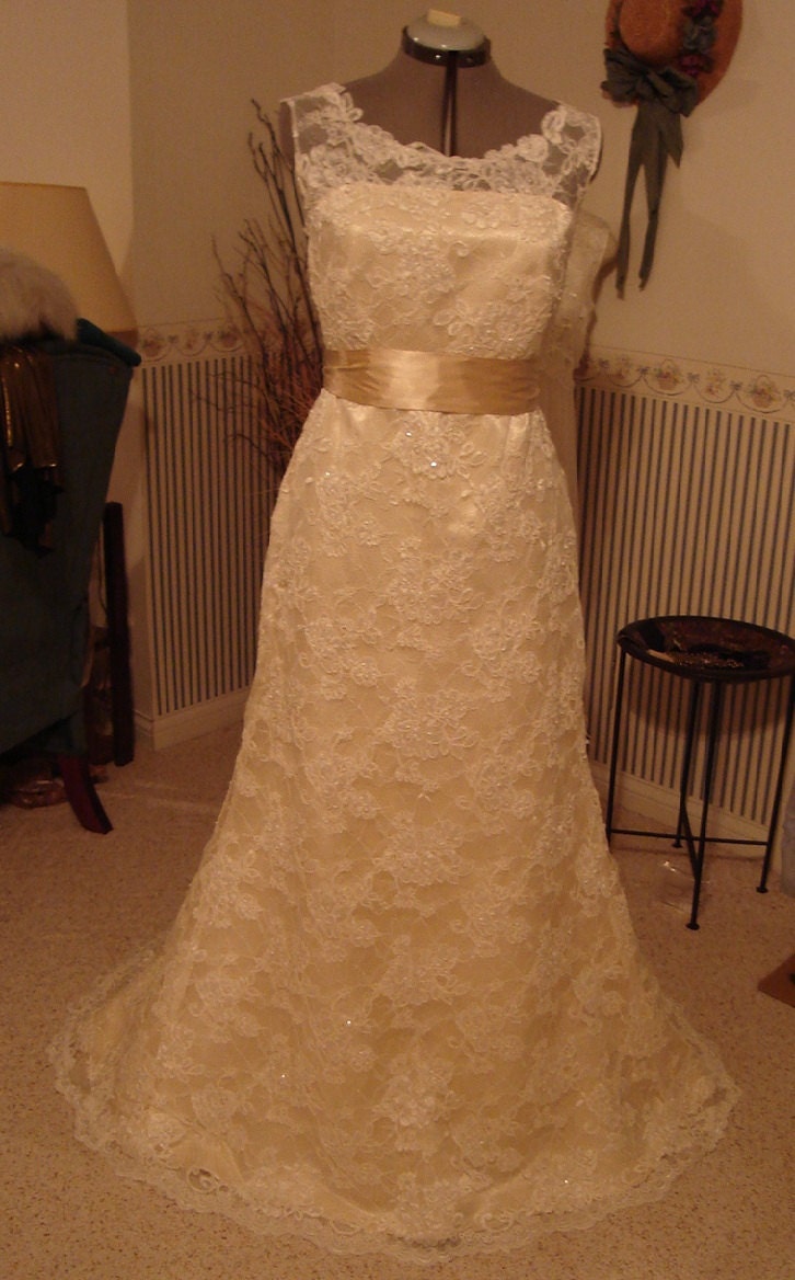 Super elegant French Lace Wedding Dress, modified to your specifications, Alencon or Chentilly Lace, with train, Deep back