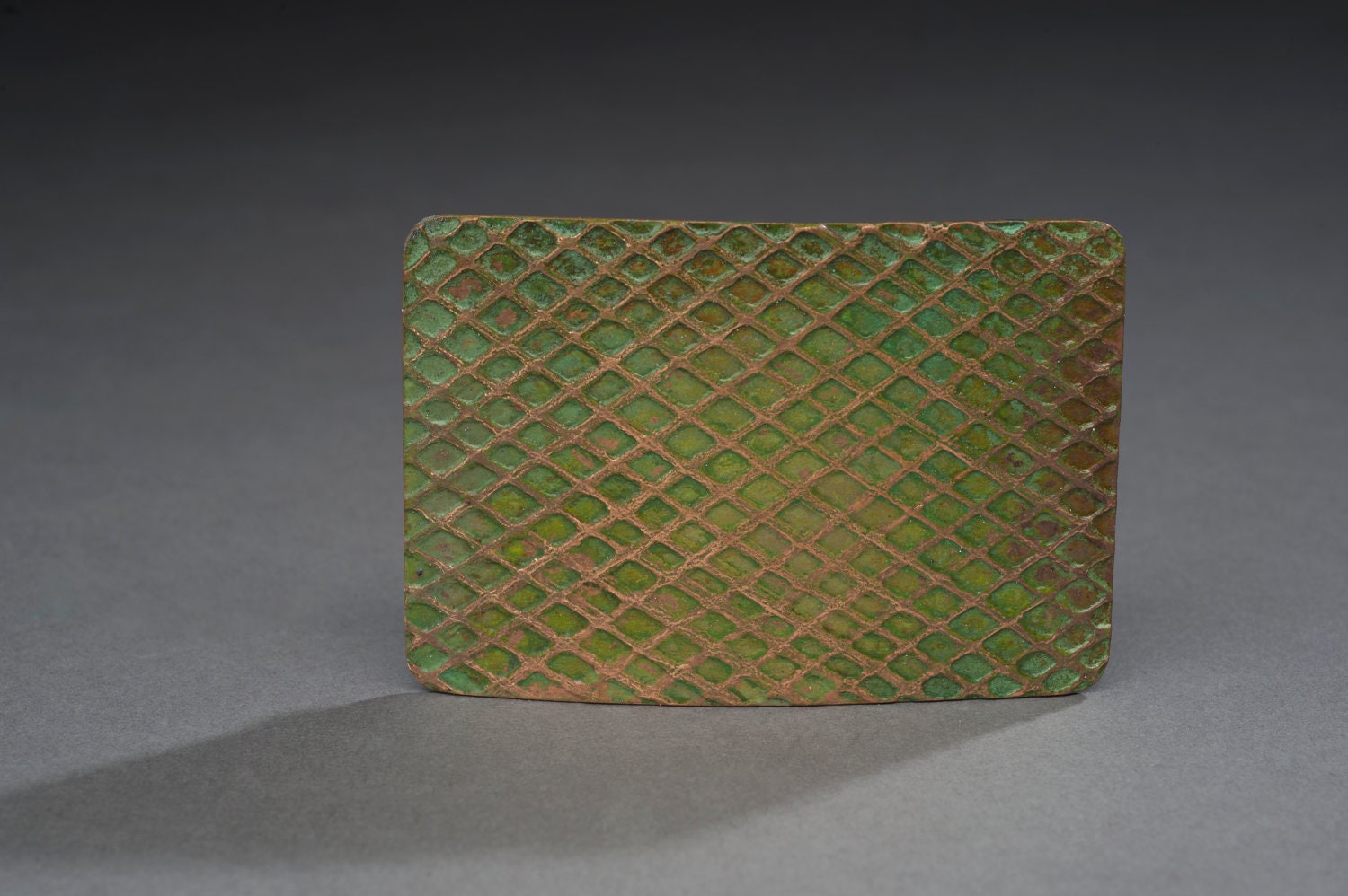 Acid etched copper Grid themed belt buckle with green patina PRICE REDUCED