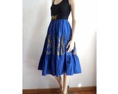 OLIVE french Vintage Provencal Blue Cotton Print Maxi Skirt