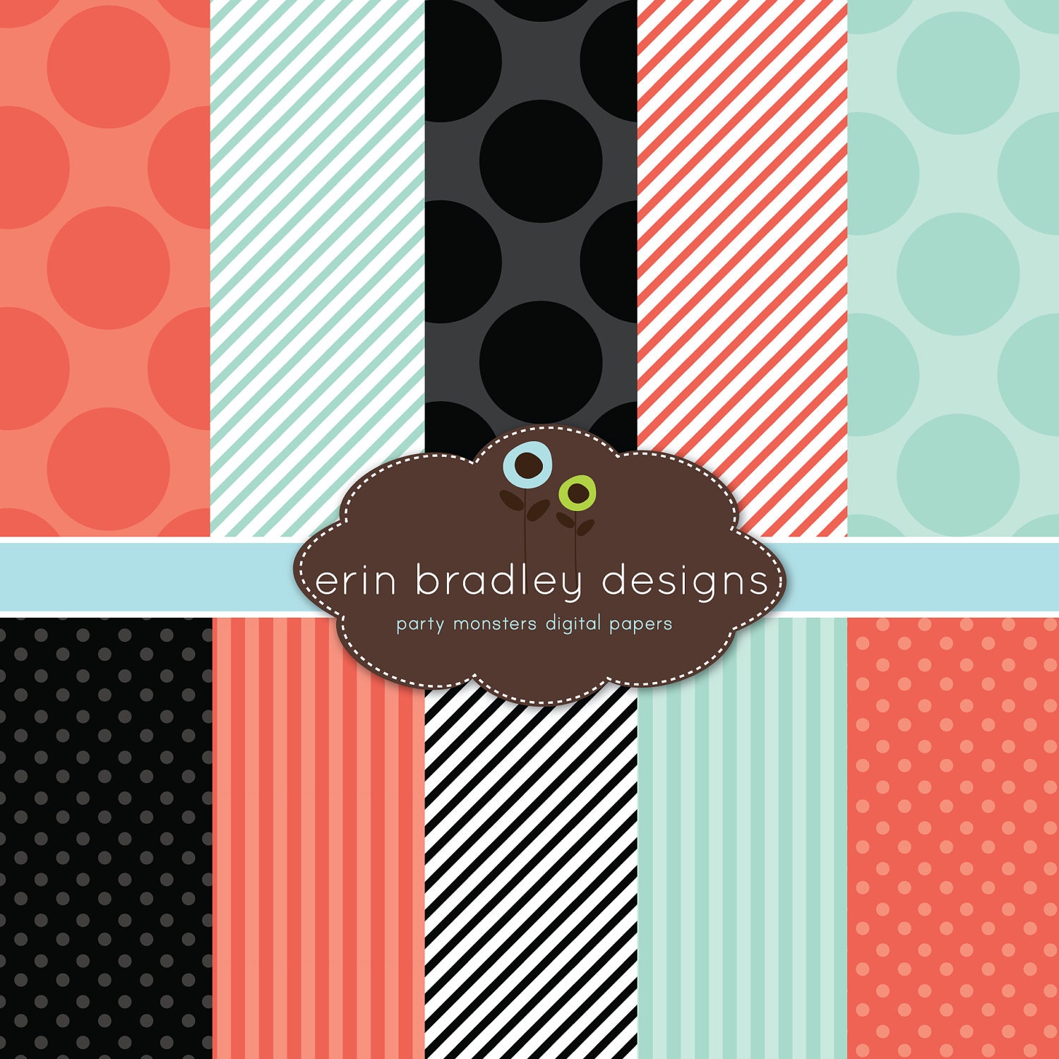 Digital Paper Pack Personal and Commercial Use Orange Blue and Black Polka Dots and Stripes Il_570xn