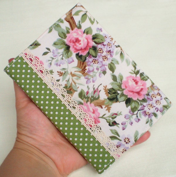 Fabric Journal Cover - Dotty Roses - Handmade A6 Notebook, Diary - Pink and Purple Flowers With Lace and Green Polka Dots