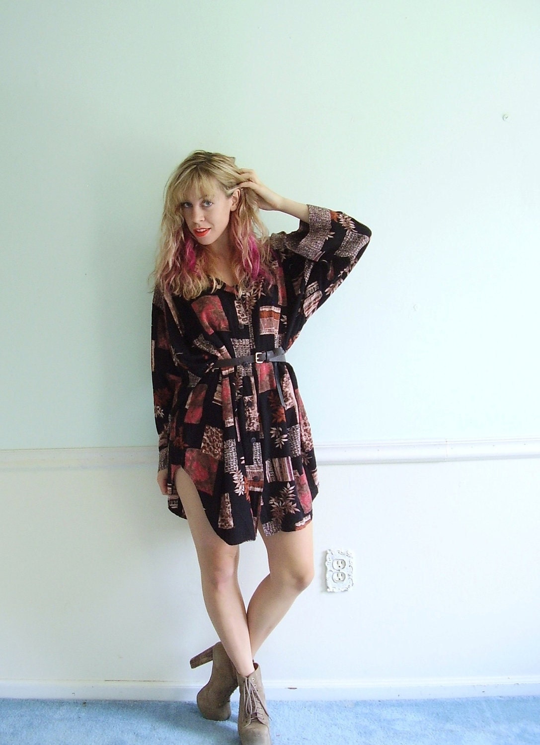 Slouchy Oversized Vintage 90s Shirt Dress Mini Tunic - OS OSFM - FLoral GYpsy Print