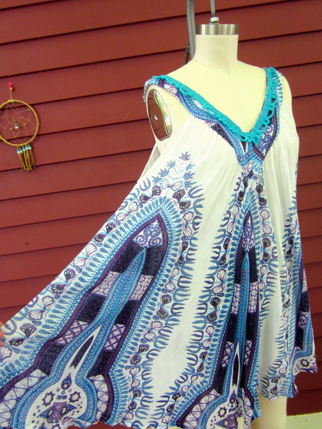 Summer Festival Ethnic Pattern Cotton Tent Trapeze Sundress with Crochet and Trim One Size by MountaInGirlClothing