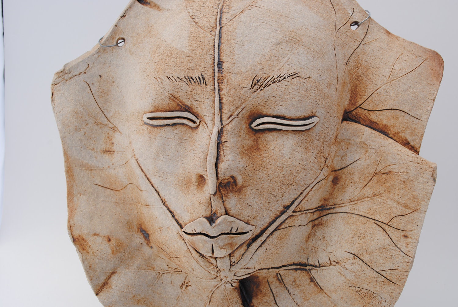 ceramic mask sculpture art clay leaf face by BurningHeartArt
