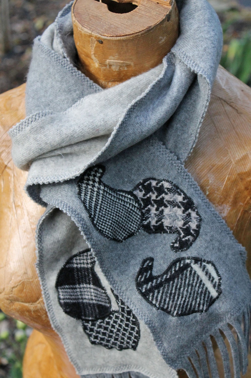Recycled cashmere scarf -- paisley embellishment -- grey, gray, black, ivory, graphic