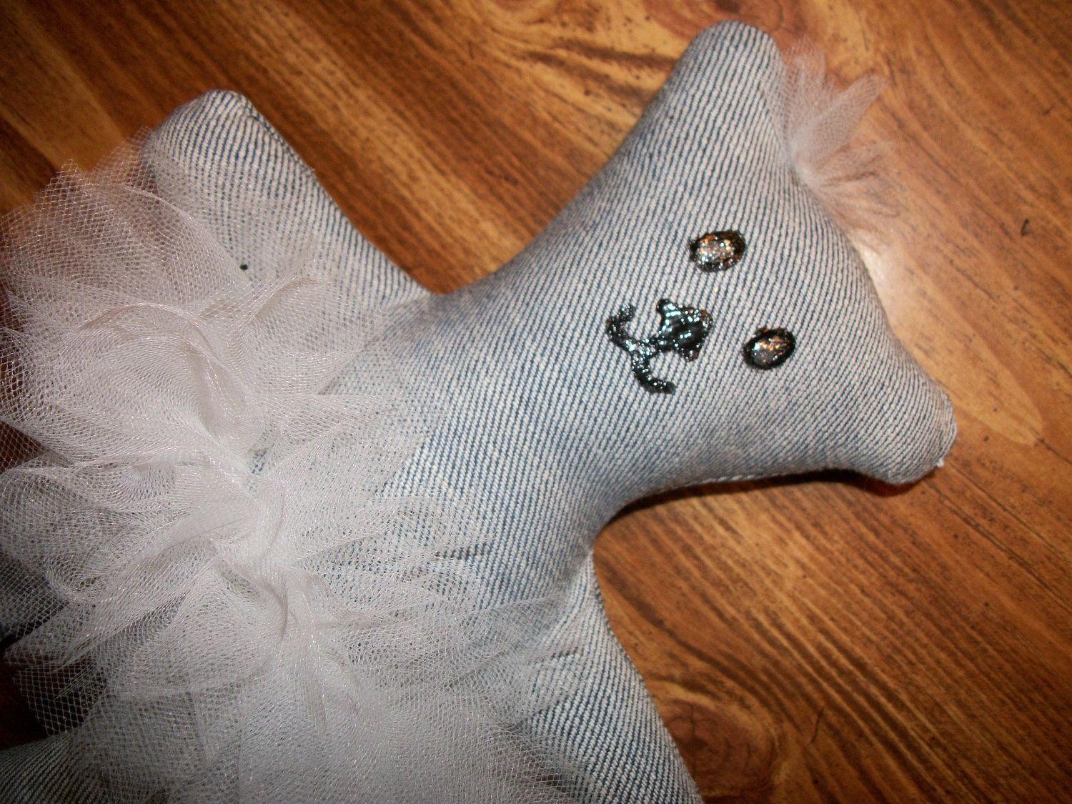Denim Ballerina Bear in Upcycled Denim with white tutu