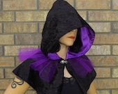 Black And Purple Crushed Velvet Hooded Shoulder Capelet, Short Cape, Cloak - Gothic, Vampire, Witch, Halloween Costume - READY TO SHIP