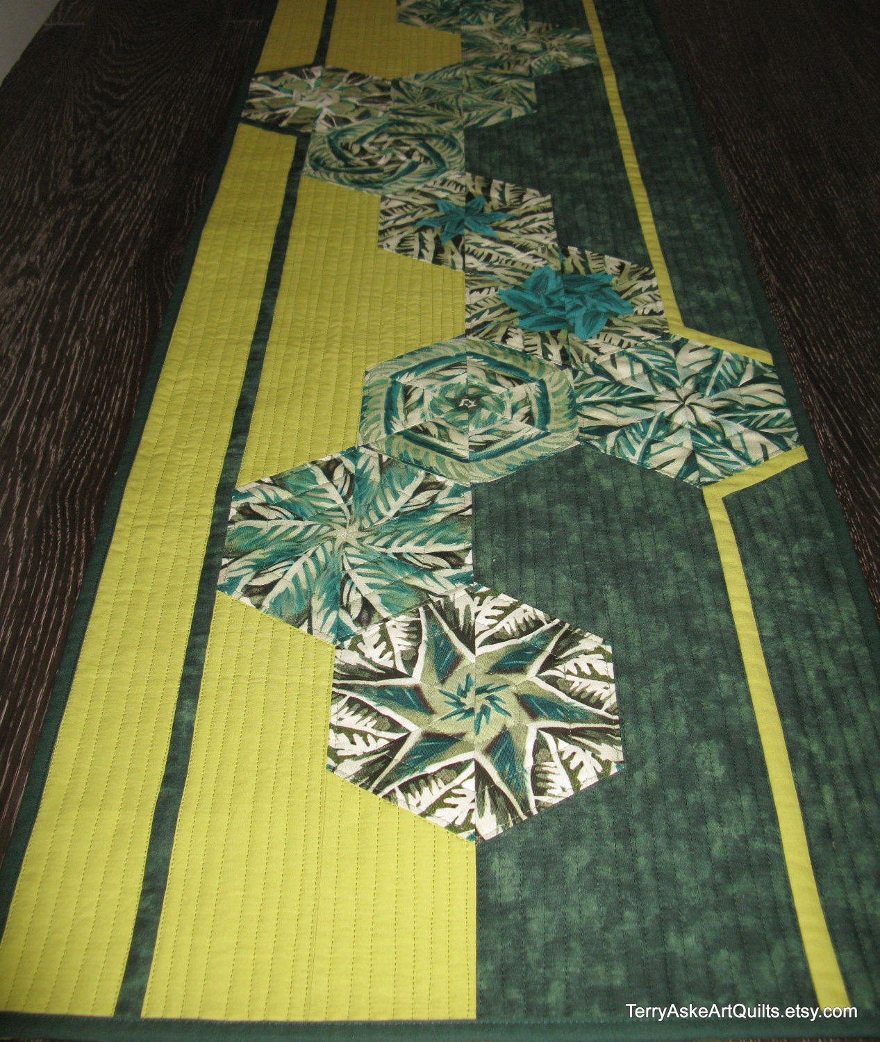 Contemporary Art Quilt Green Hexagons Geometric Shapes